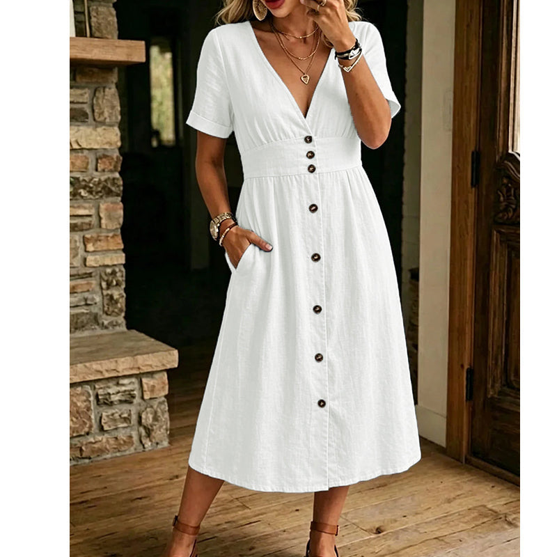 🌸 Effortless Summer Chic – Women's Summer V-Neck Button-Down Dress☀️