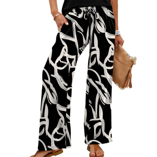 Women's Bohemian Print Drawstring Wide-Leg Pants