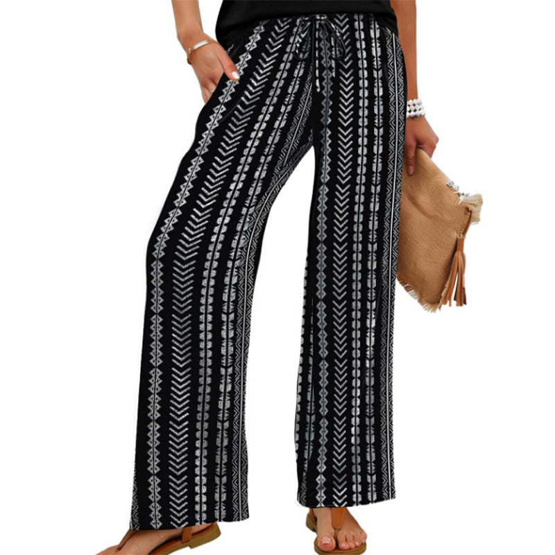 Women's Bohemian Print Drawstring Wide-Leg Pants