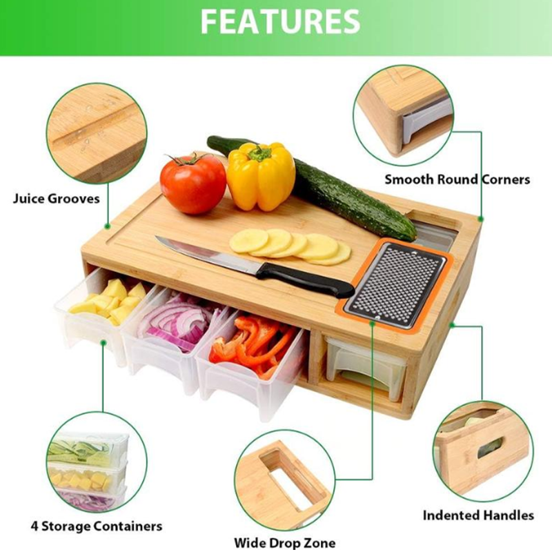 Bamboo Cutting Board with Containers and Graters