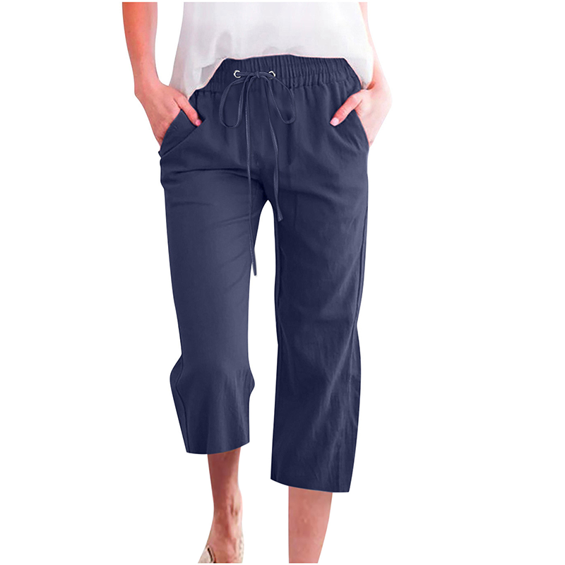 Women's Casual Cotton Linen Capri Pants with Pockets