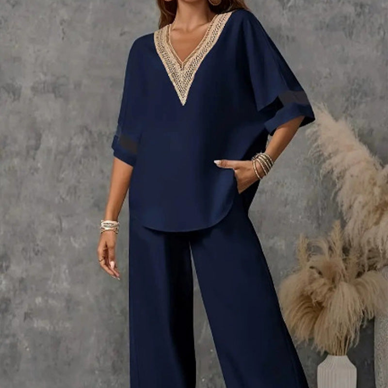 Elegant V-Neck Top & Wide-Leg Pants Set