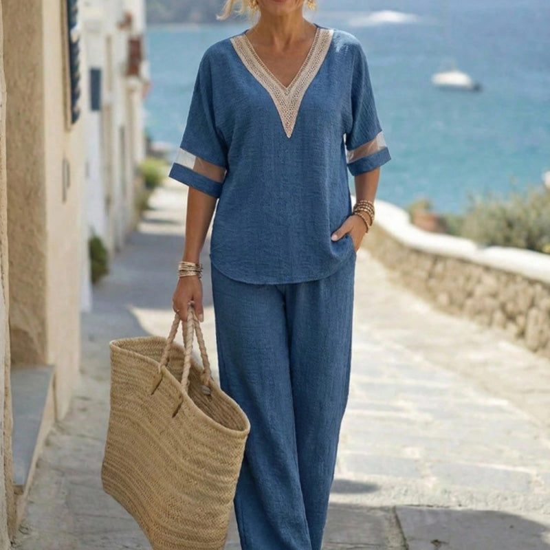 Elegant V-Neck Top & Wide-Leg Pants Set