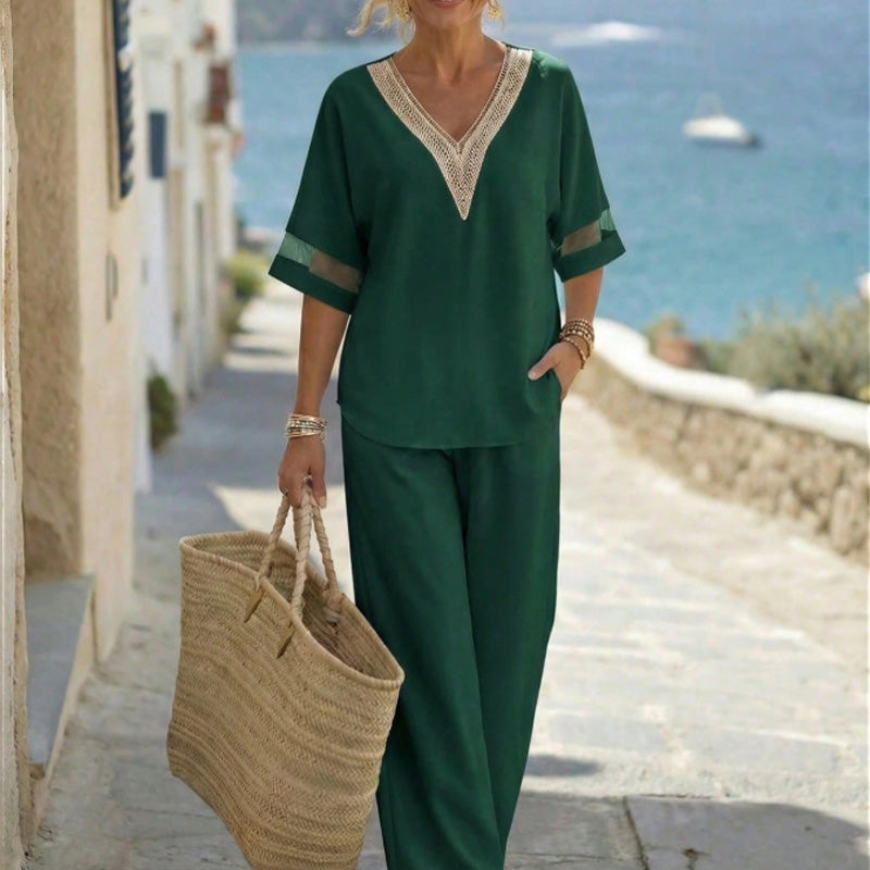 Elegant V-Neck Top & Wide-Leg Pants Set