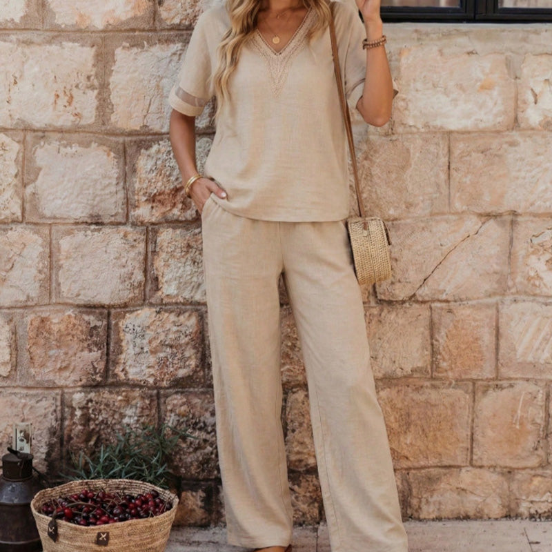 Elegant V-Neck Top & Wide-Leg Pants Set