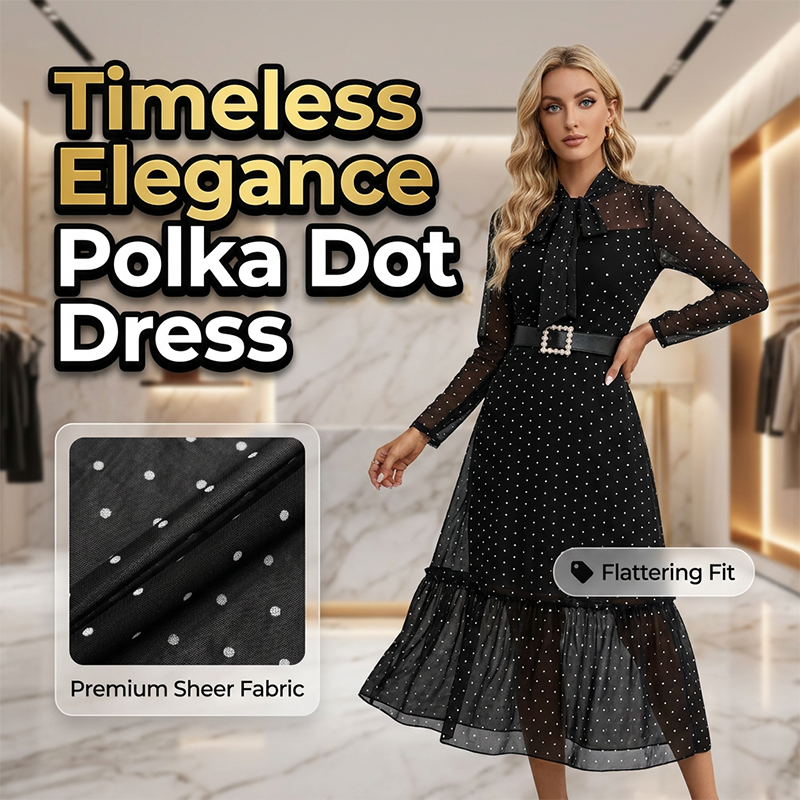 📢📢40% OFF !! ⏰Elegant Polka Dot Tie-Neck Midi Dress 