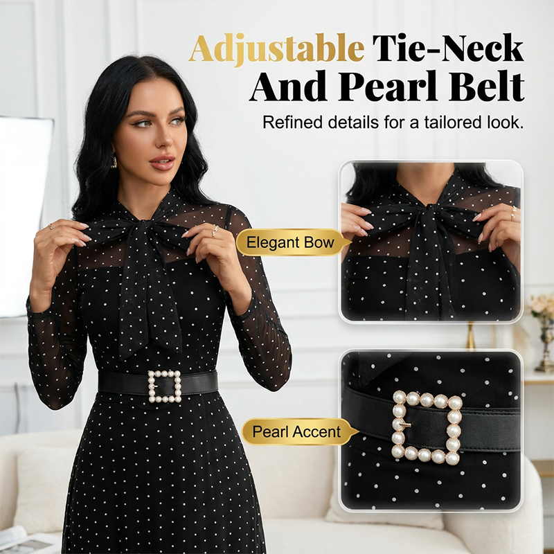📢📢40% OFF !! ⏰Elegant Polka Dot Tie-Neck Midi Dress 