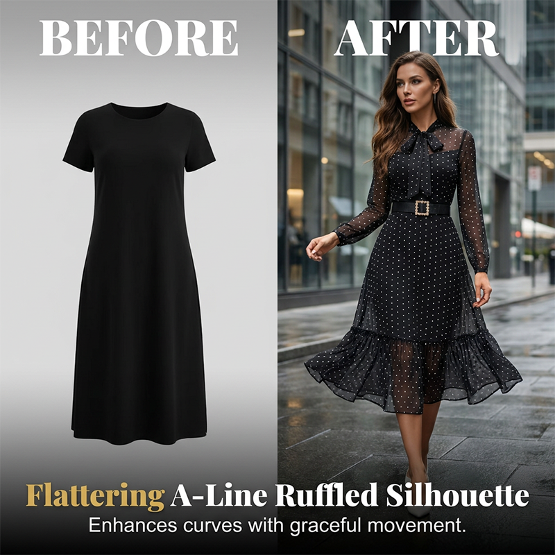 📢📢40% OFF !! ⏰Elegant Polka Dot Tie-Neck Midi Dress 