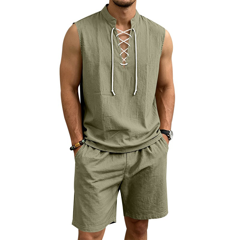 🌴 50% OFF NOW!👕 Men's Linen Sleeveless Set – Top & Shorts with Lace-Up Design – Summer Essential 🌊