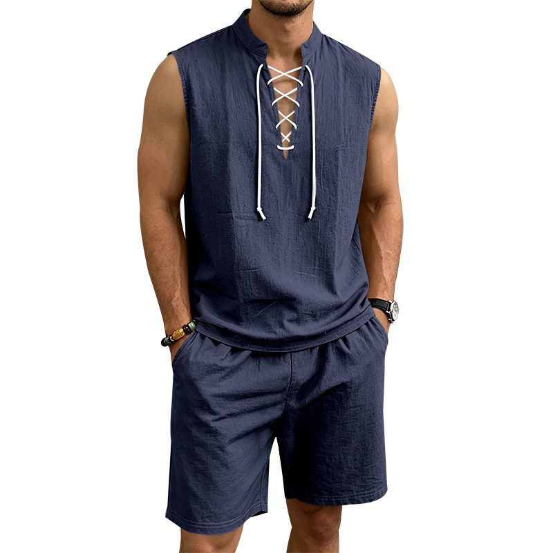 🌴 50% OFF NOW!👕 Men's Linen Sleeveless Set – Top & Shorts with Lace-Up Design – Summer Essential 🌊
