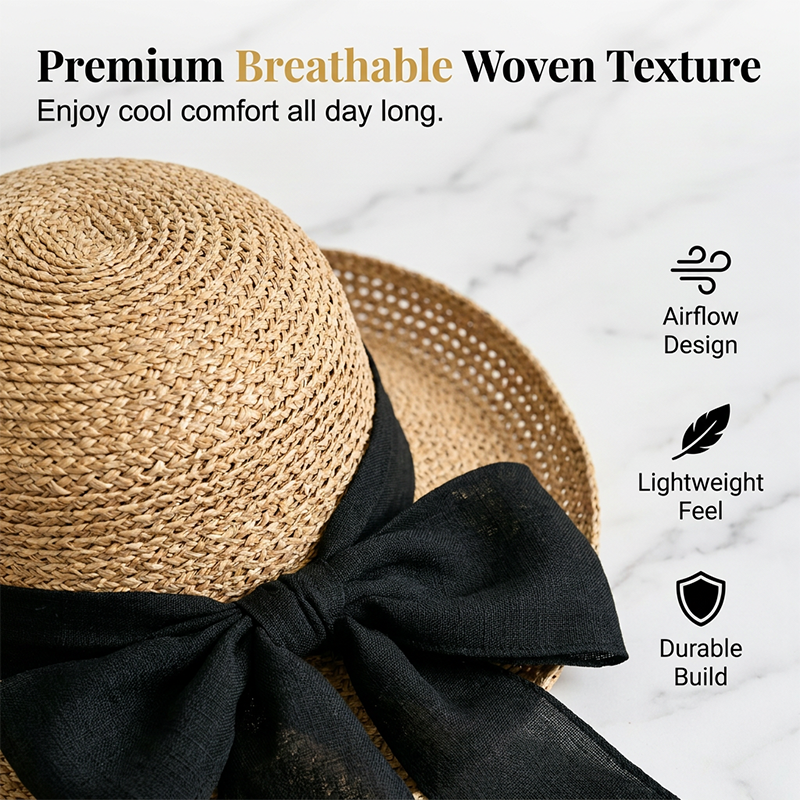 Women's Wide Brim Straw Sun Hat with Bow
