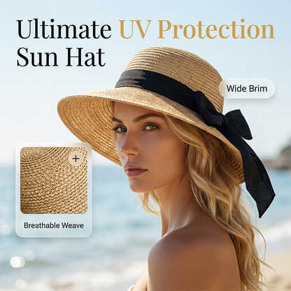 Women's Wide Brim Straw Sun Hat with Bow