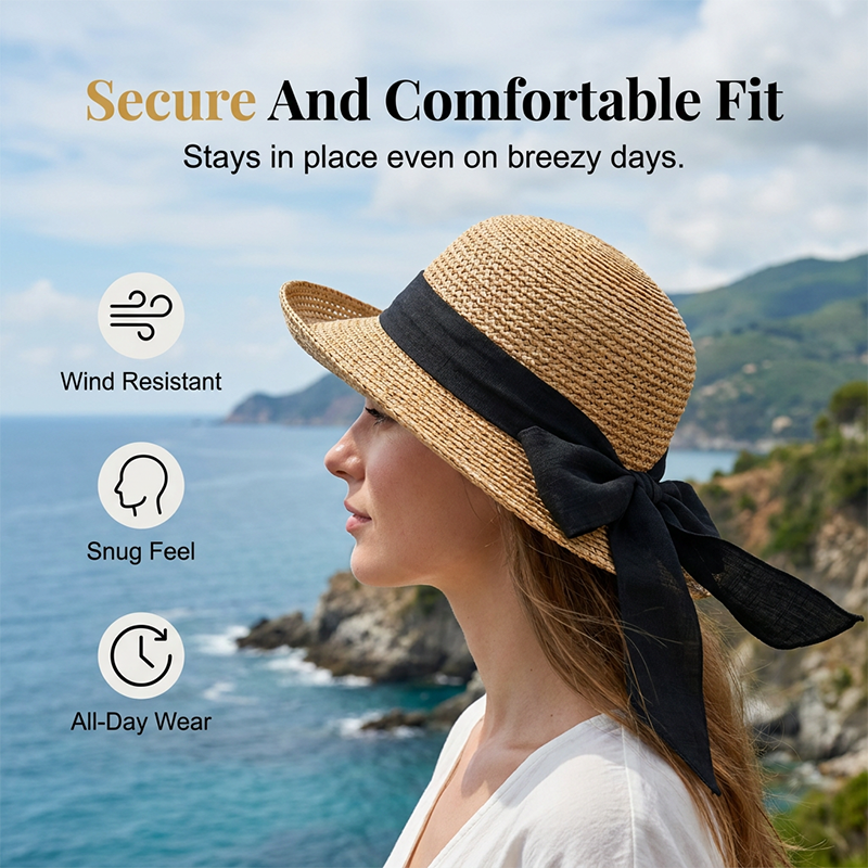 Women's Wide Brim Straw Sun Hat with Bow