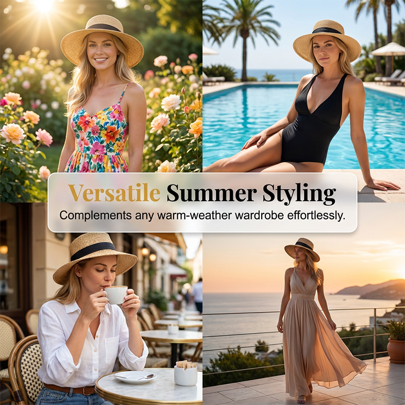 Women's Wide Brim Straw Sun Hat with Bow