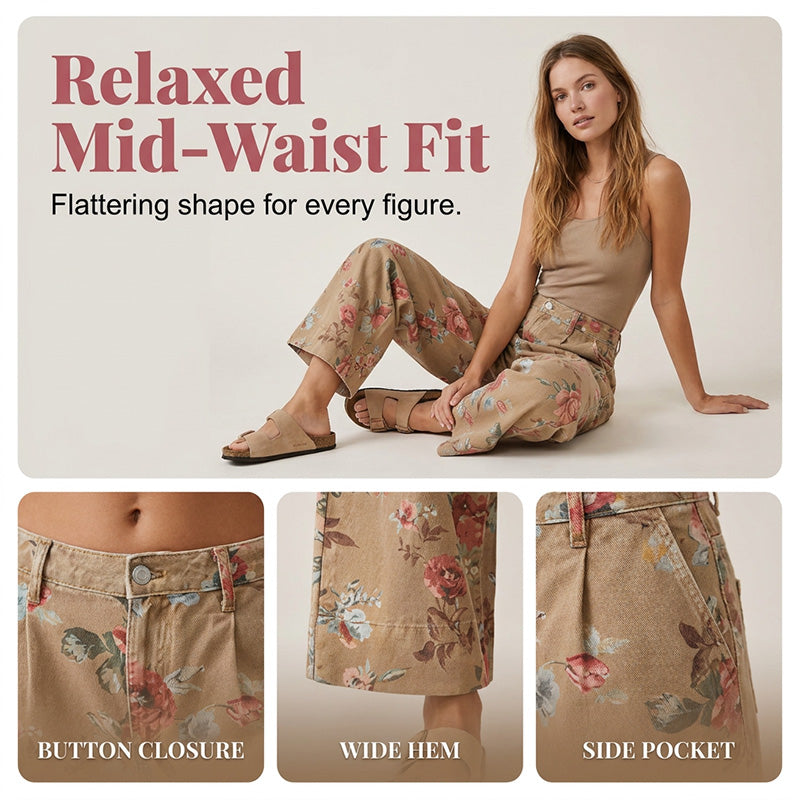 🌿HOT DEAL 50% OFF! 👖 Women’s Cropped Jeans – Chic Floral Print & Relaxed Wide-Leg Fit ☀️✨