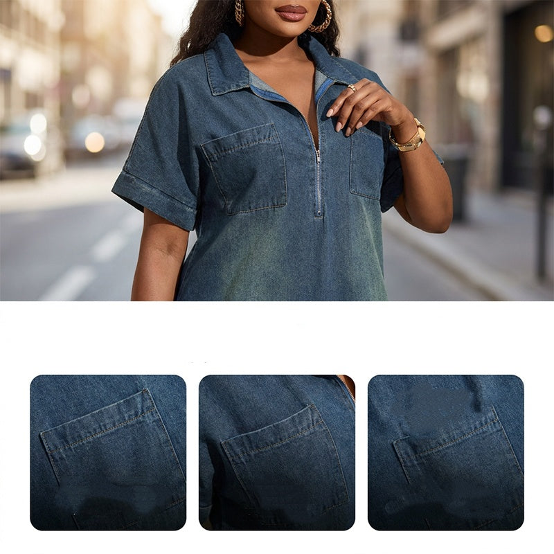 Women's Casual Half-Zip Denim Shirt Dress