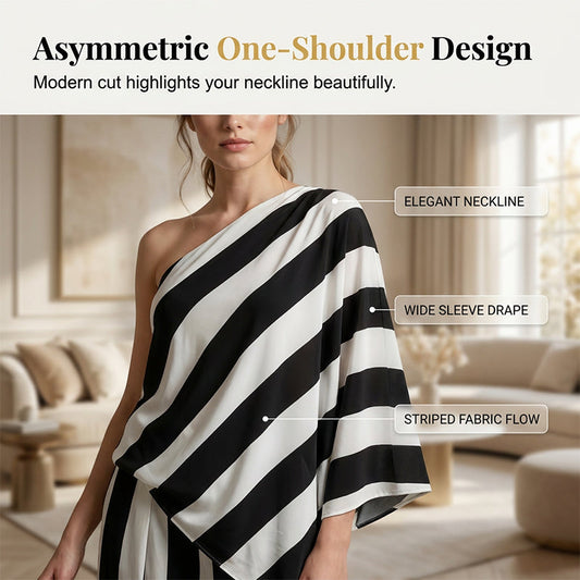 💃 LIMITED-TIME 50% OFF! ✨ Women's Asymmetrical Stripe Set – One-Shoulder, Wide-Leg, Breezy 🍂