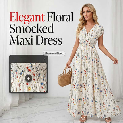 Women's Floral V-Neck Smocked Waist Maxi Dress