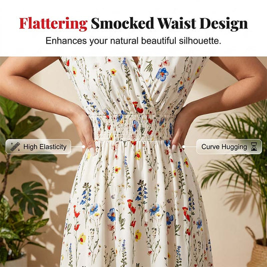 Women's Floral V-Neck Smocked Waist Maxi Dress