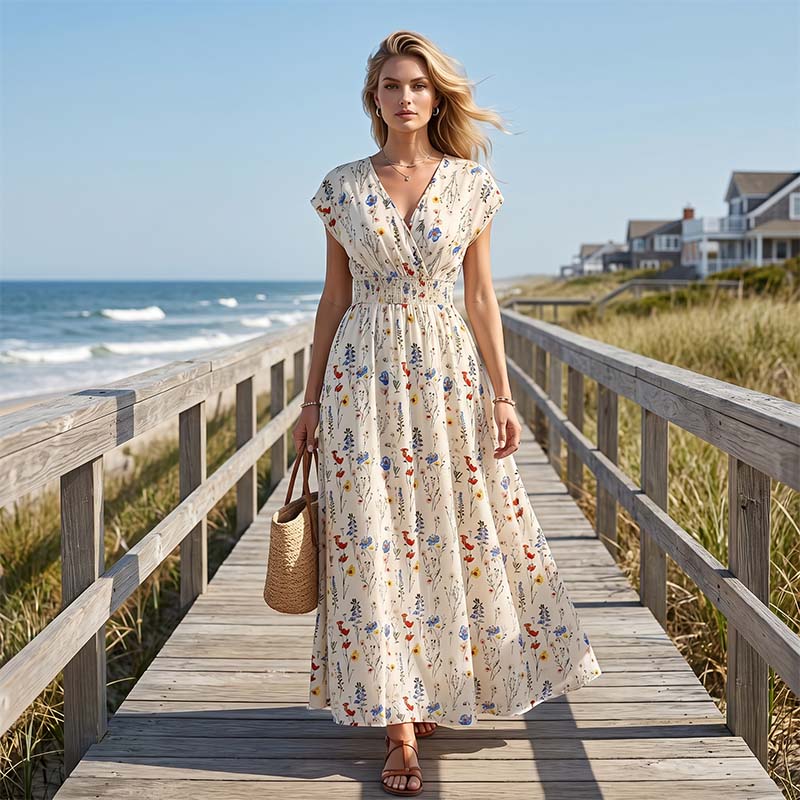 Women's Floral V-Neck Smocked Waist Maxi Dress