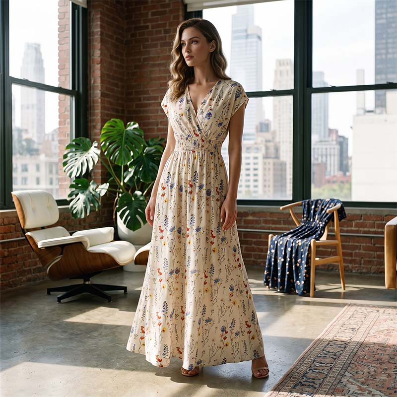 Women's Floral V-Neck Smocked Waist Maxi Dress