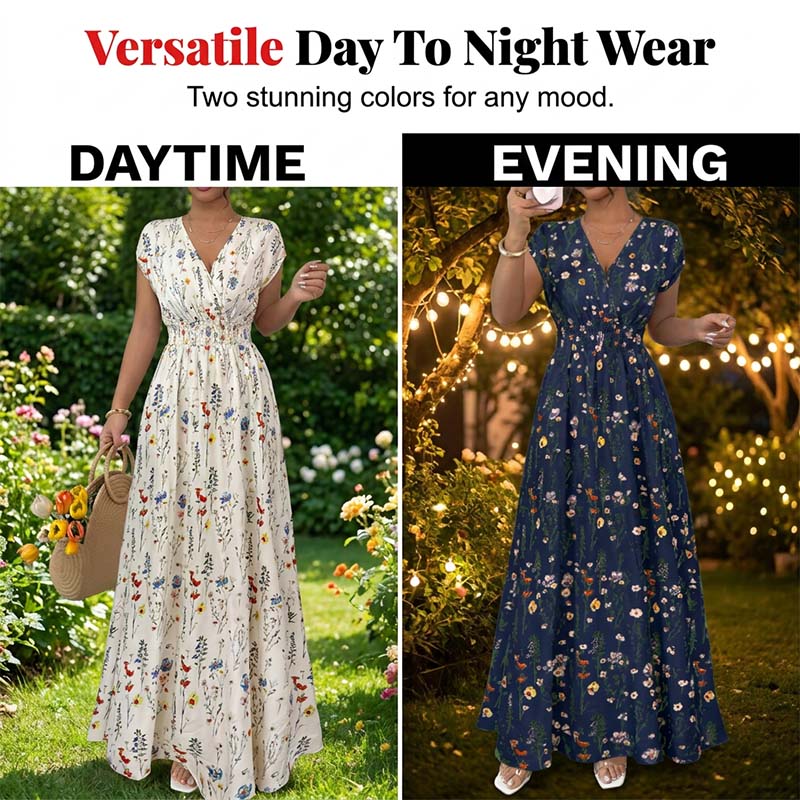Women's Floral V-Neck Smocked Waist Maxi Dress