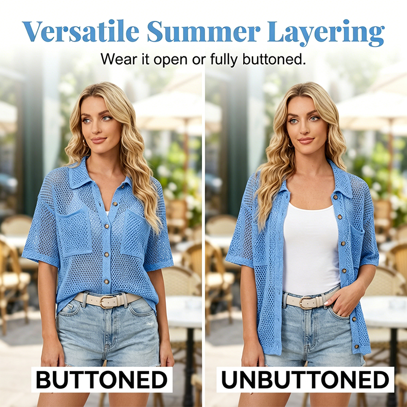 🔥50% OFF！ 🧶Women Short Sleeve Knit Button Shirt Free Gift Necklace