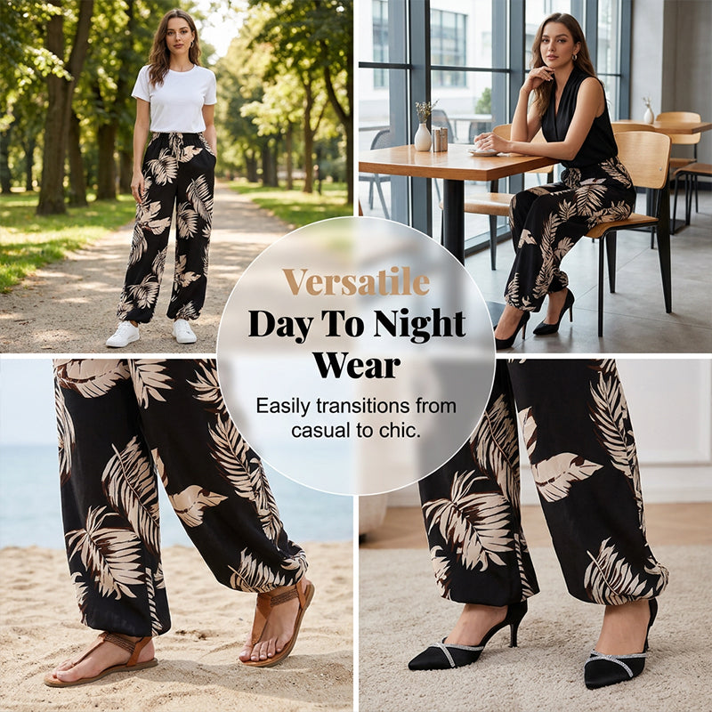 Women's Leaf Print Drawstring Wide-Leg Pants
