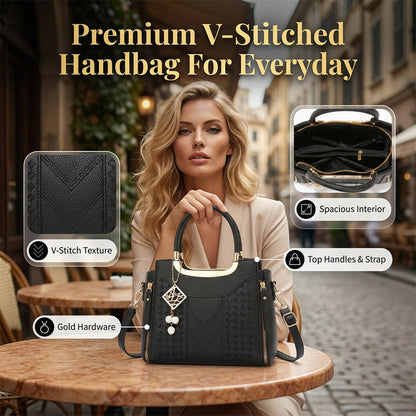 🥳New Arrival 50% OFF👜Women's V-Stitched Satchel – Gold Hardware, Multi-Compartment, Top-Handle 🌸