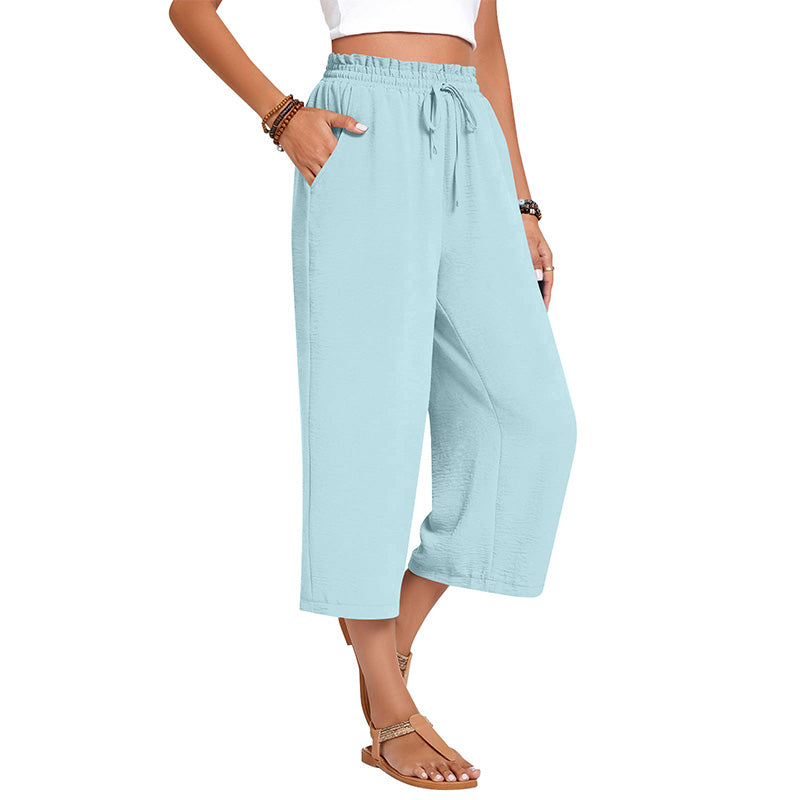 Women's Cotton Linen Wide Leg Capri Pants