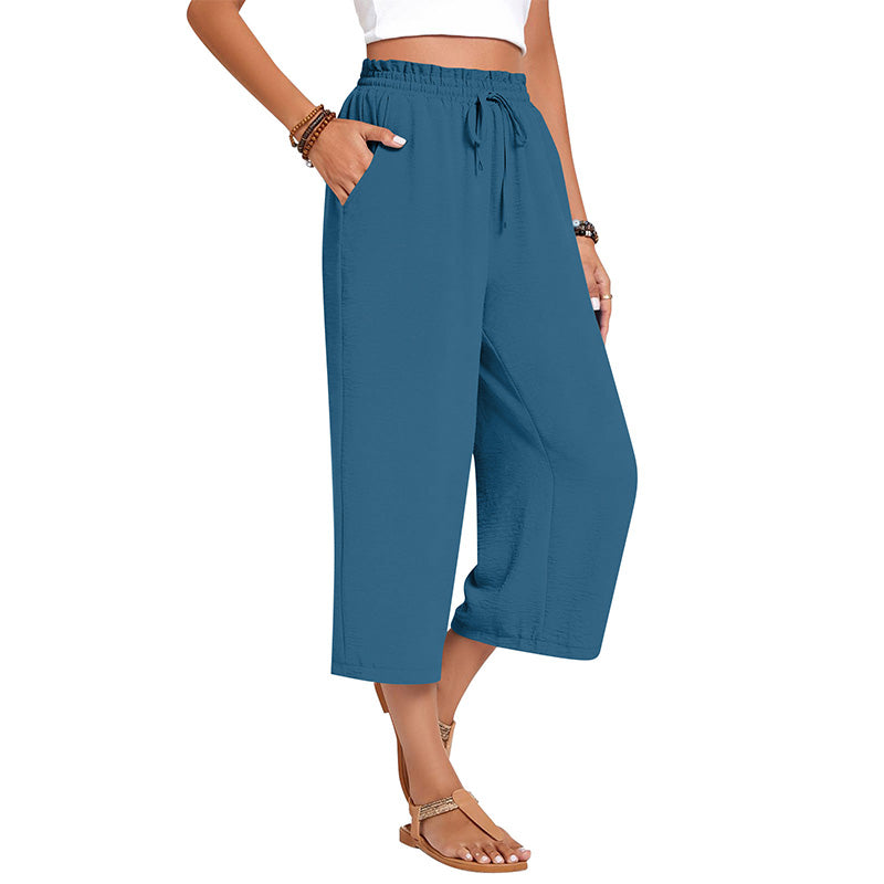 Women's Cotton Linen Wide Leg Capri Pants
