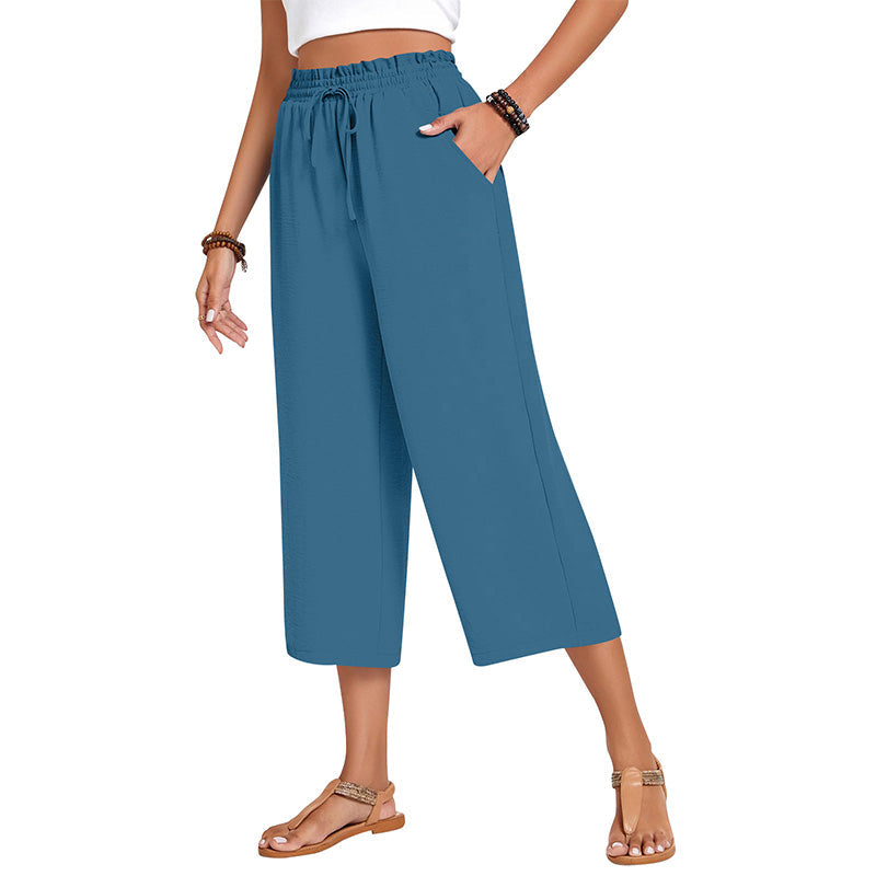 Women's Cotton Linen Wide Leg Capri Pants