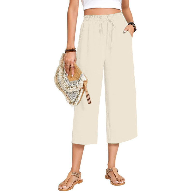 Women's Cotton Linen Wide Leg Capri Pants