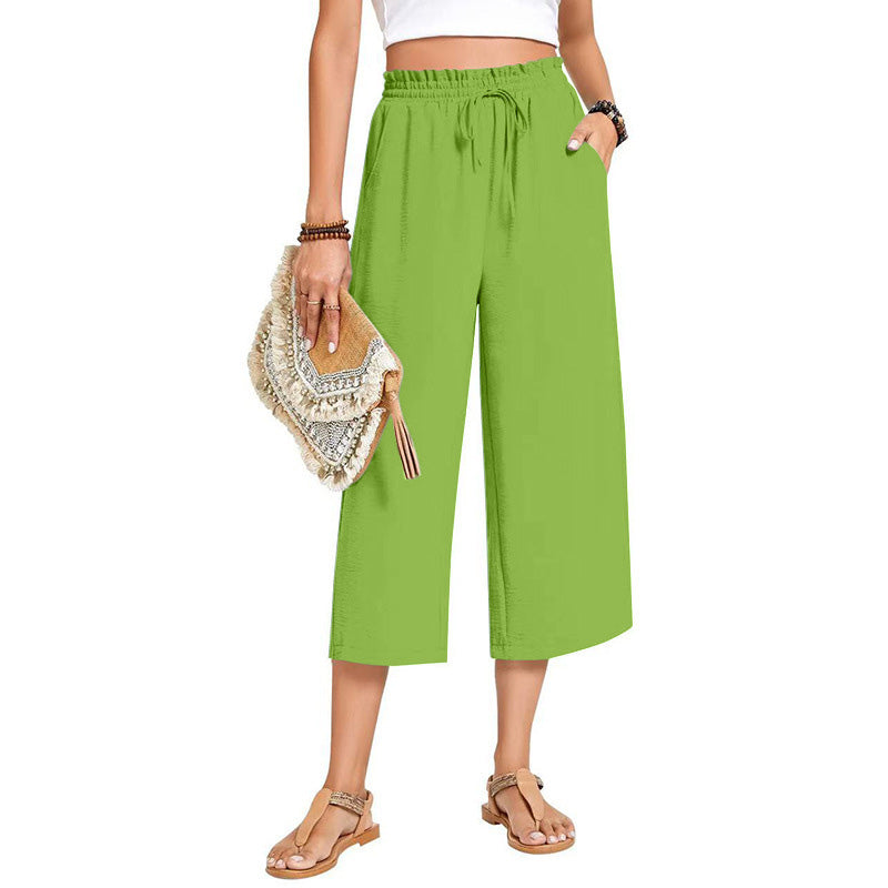 Women's Cotton Linen Wide Leg Capri Pants