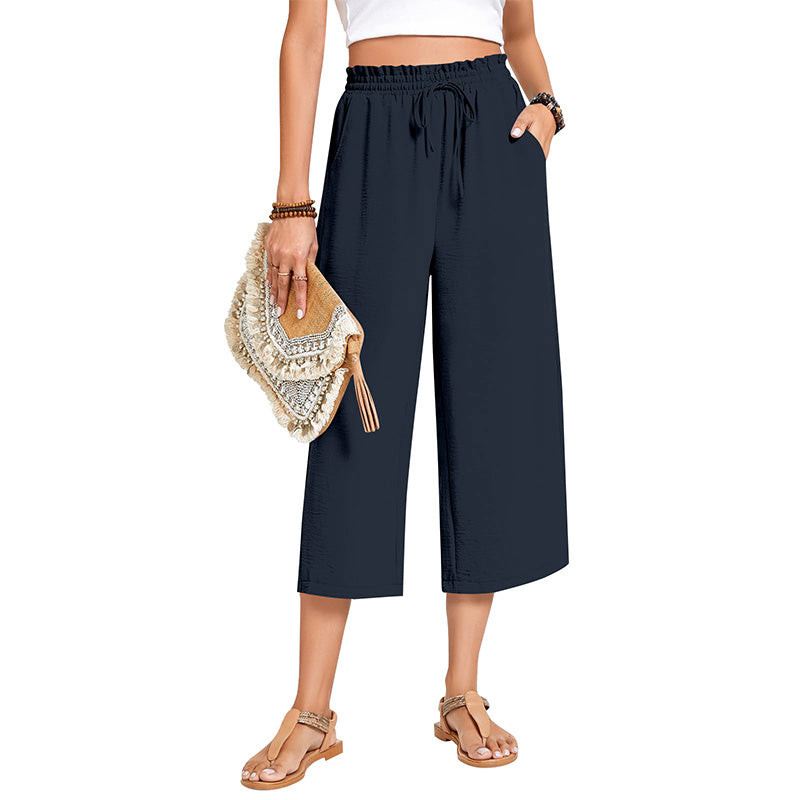 Women's Cotton Linen Wide Leg Capri Pants