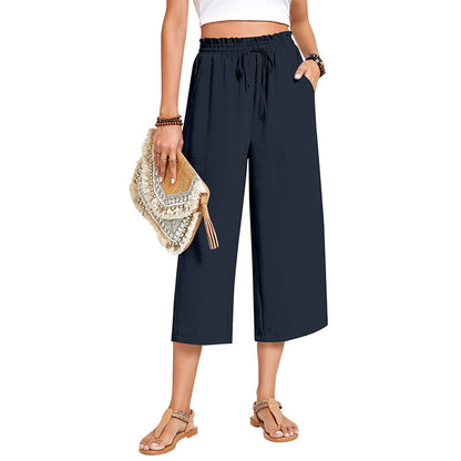 Women's Cotton Linen Wide Leg Capri Pants