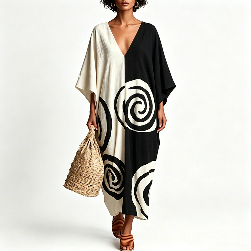 Elegant V-Neck Two-Tone Spiral Print Dress