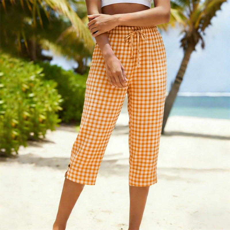 👖💥Surprise Price ￡14.99!!💥 🌿Women's Summer Plaid Capri Pants✨Light Breathable Cropped Trousers Casual Daily Wear💝