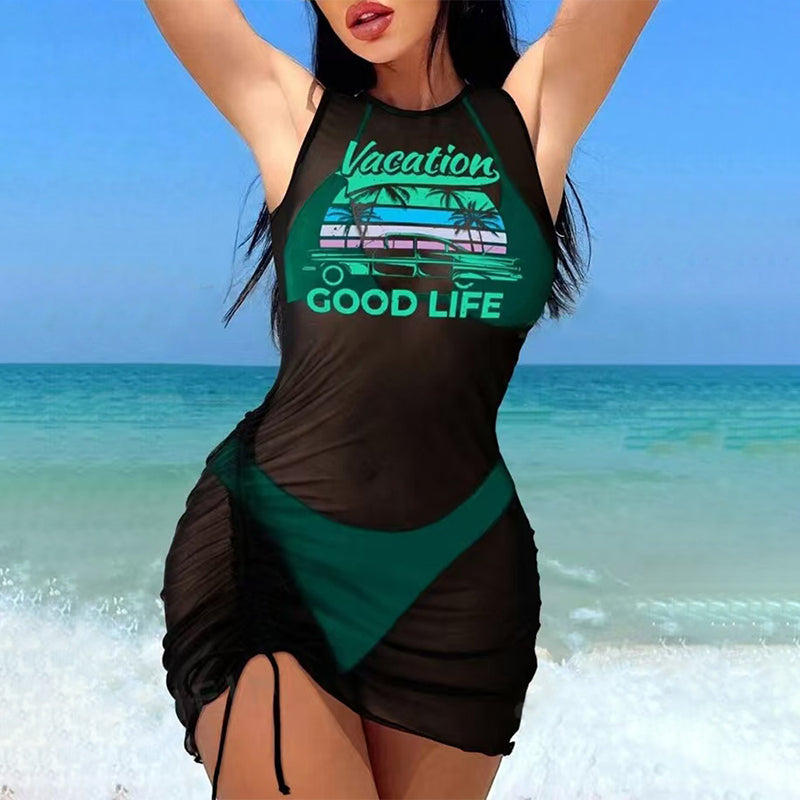 3-Piece Bikini Set with Graphic Cover-Up