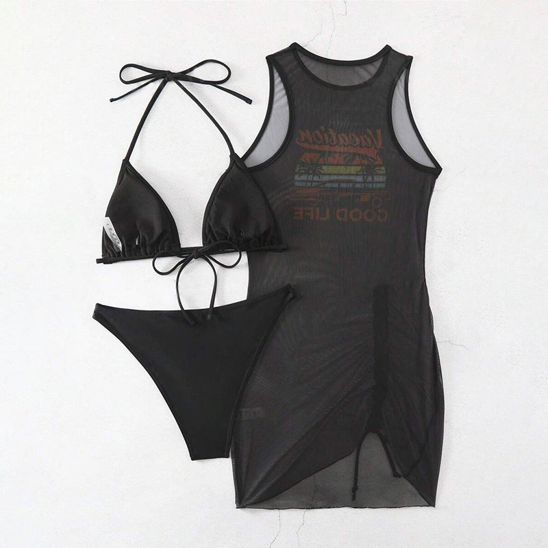 3-Piece Bikini Set with Graphic Cover-Up
