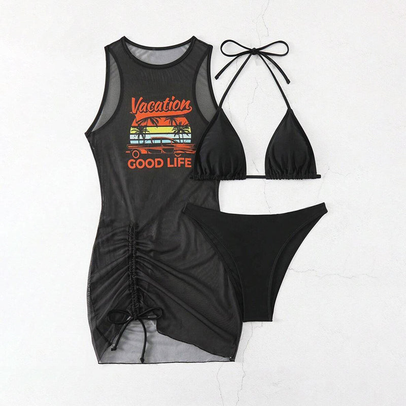 3-Piece Bikini Set with Graphic Cover-Up