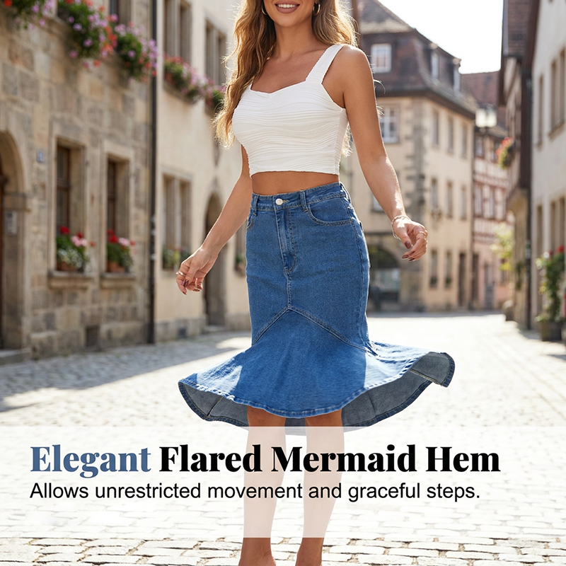 Flared Mermaid Denim Midi Skirt