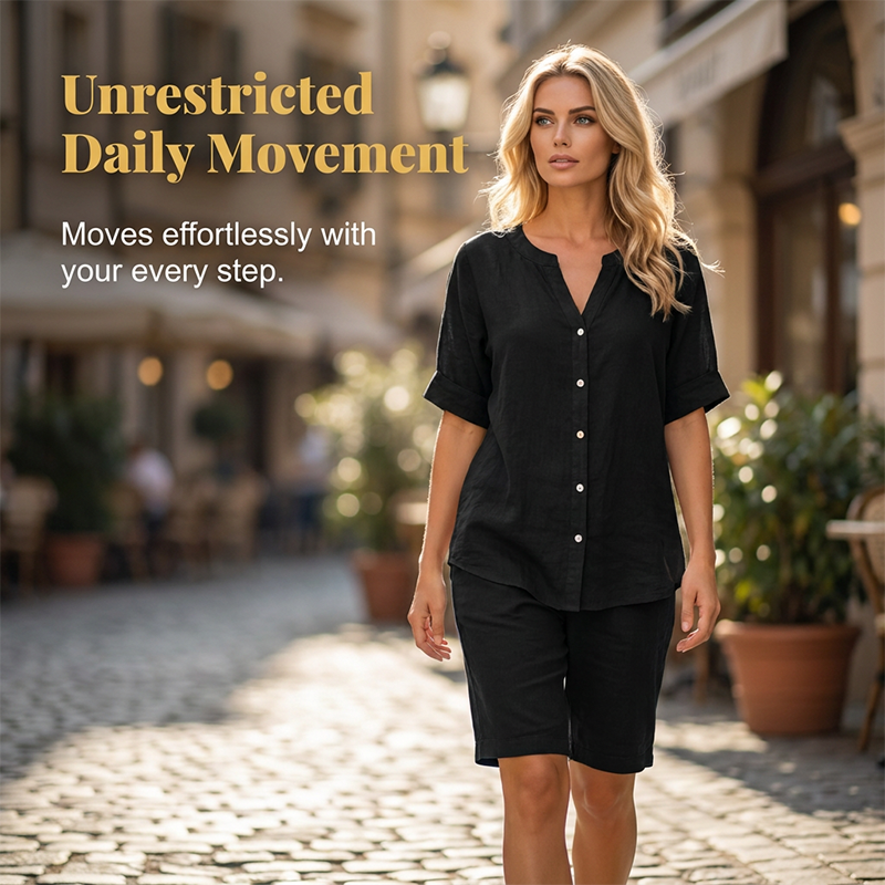 Women's Linen V-Neck Shirt & Shorts Set