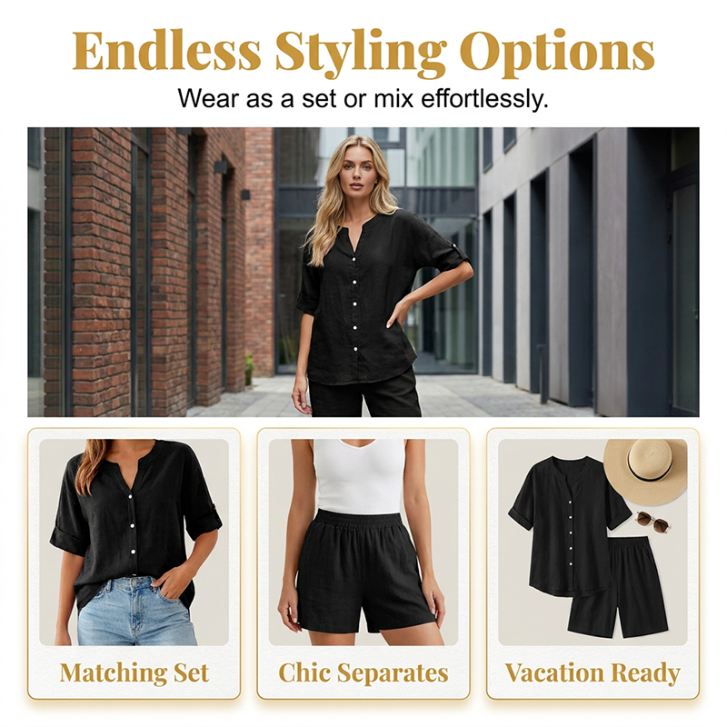 Women's Linen V-Neck Shirt & Shorts Set