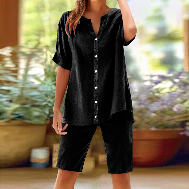Women's Linen V-Neck Shirt & Shorts Set