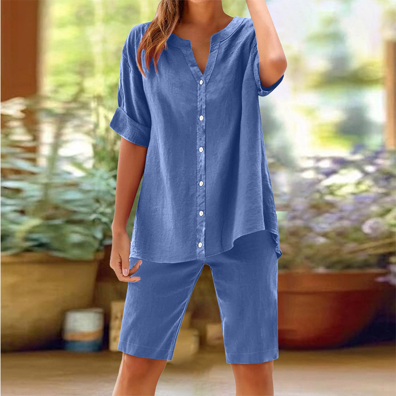 Women's Linen V-Neck Shirt & Shorts Set