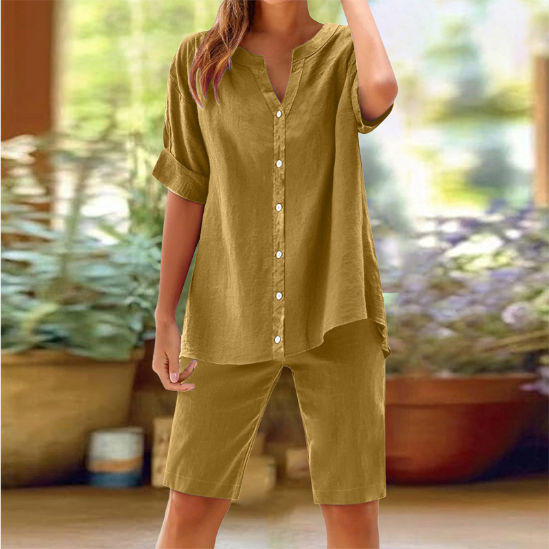 Women's Linen V-Neck Shirt & Shorts Set