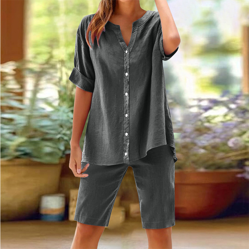 Women's Linen V-Neck Shirt & Shorts Set