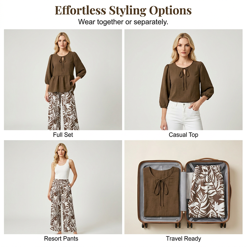 Casual Tie-Neck Blouse and Wide-Leg Pants Outfit