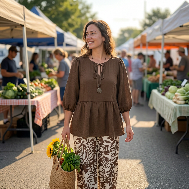 Casual Tie-Neck Blouse and Wide-Leg Pants Outfit